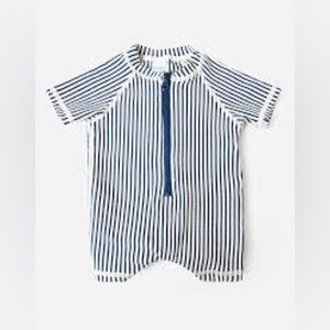 Kids Short-Sleeve Navy Stripe Rashguard Swim Suit